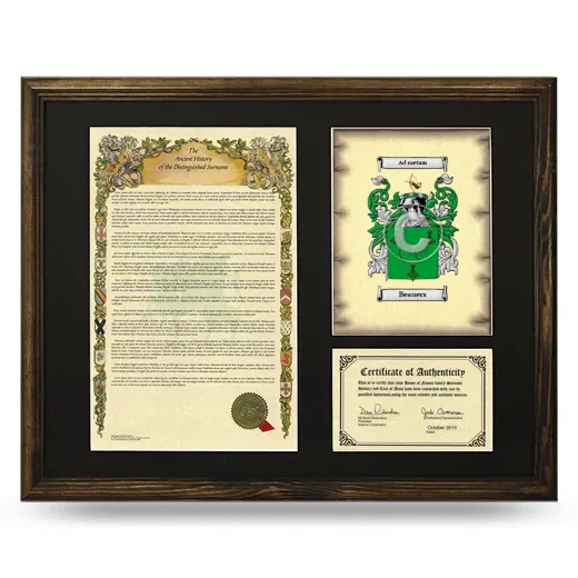 Beauers Framed Surname History and Coat of Arms - Brown