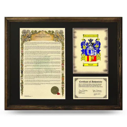 Brasel Framed Surname History and Coat of Arms - Brown