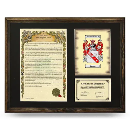 Brokas Framed Surname History and Coat of Arms - Brown