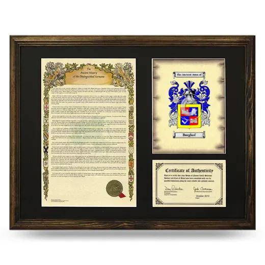 Burghof Framed Surname History and Coat of Arms - Brown