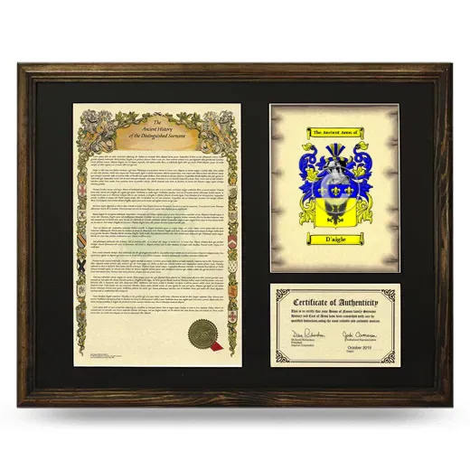 D'aigle Framed Surname History and Coat of Arms - Brown