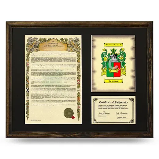 De zepeda Framed Surname History and Coat of Arms - Brown