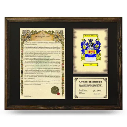 Dess Framed Surname History and Coat of Arms - Brown
