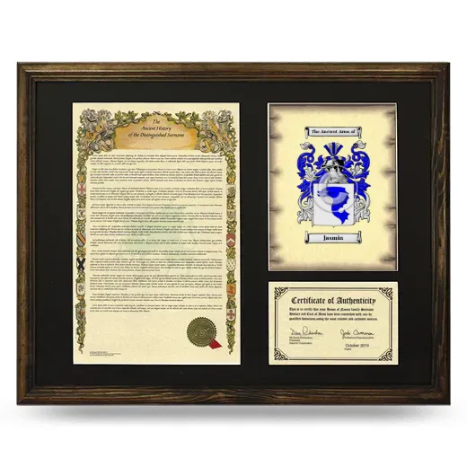 Jasmin Framed Surname History and Coat of Arms - Brown
