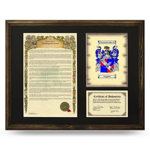 Le grice Framed Surname History and Coat of Arms - Brown