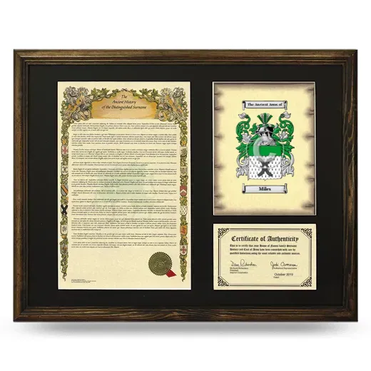 Miles Framed Surname History and Coat of Arms - Brown