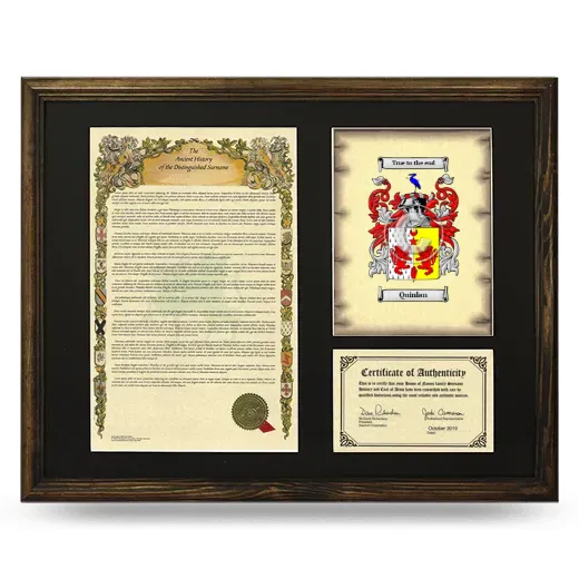 Quinlan Framed Surname History and Coat of Arms - Brown