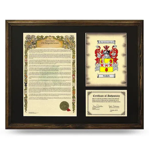 Stokels Framed Surname History and Coat of Arms - Brown