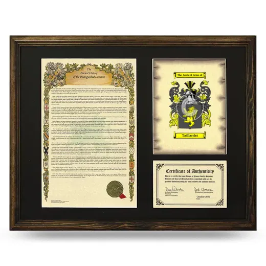 Taillardat Framed Surname History and Coat of Arms - Brown