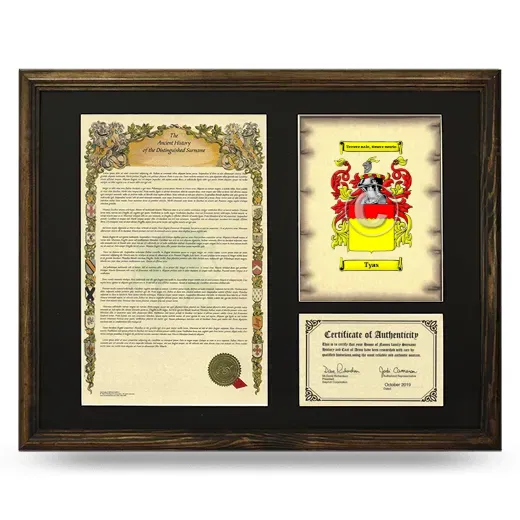 Tyas Framed Surname History and Coat of Arms - Brown