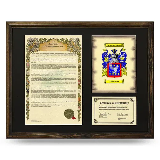 Villaseñor Framed Surname History and Coat of Arms - Brown