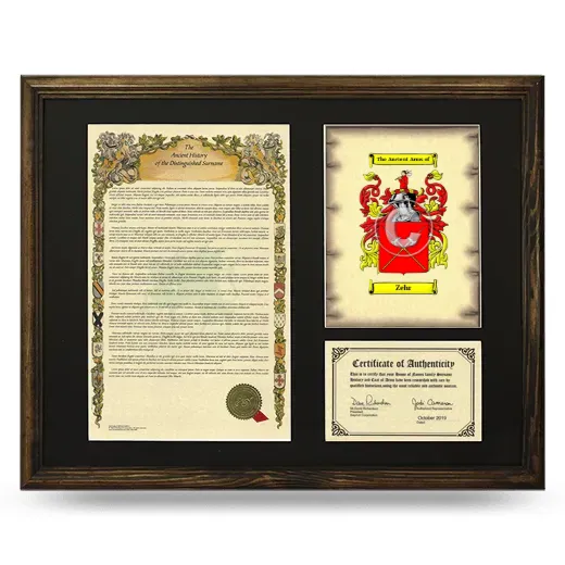 Zehr Framed Surname History and Coat of Arms - Brown