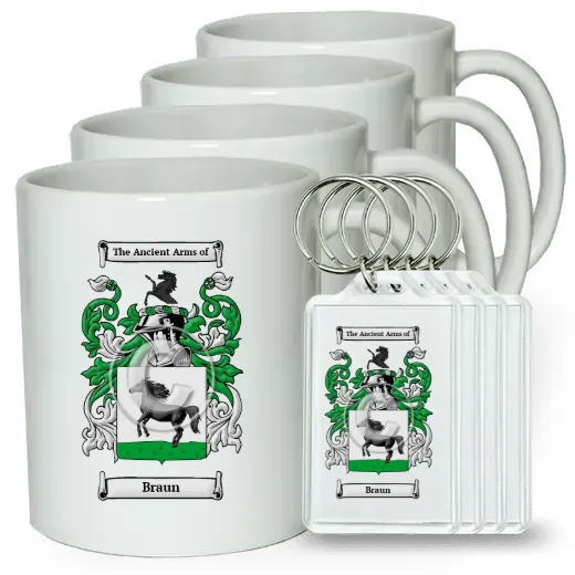 Braun Set of 4 Coffee Mugs and Keychains