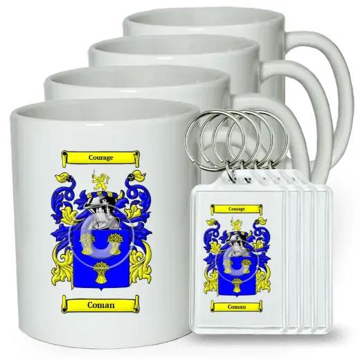 Coman Set of 4 Coffee Mugs and Keychains