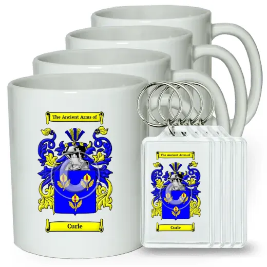 Curle Set of 4 Coffee Mugs and Keychains
