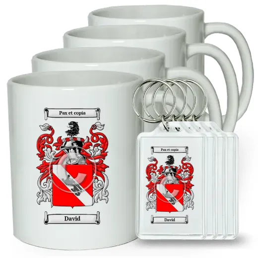 David Set of 4 Coffee Mugs and Keychains