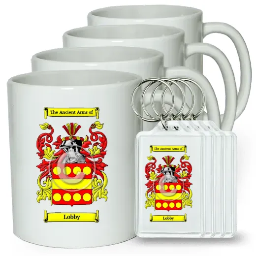 Lobby Set of 4 Coffee Mugs and Keychains