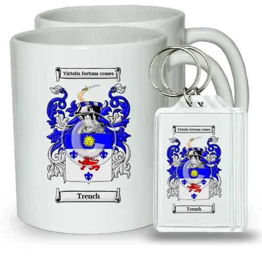 Trench Pair of Coffee Mugs and Pair of Keychains